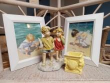 BEACH AND SEASIDE DECOR GROUPING, CHILDREN, FRAMED AND FIGURES