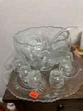 Leaded crystal dipper is glass bowl and glasses and tray to set on