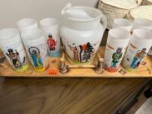 ACEE BLUE EAGLE INDIANS GLASSES WITH PITCHER AND TRAY