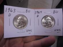 1963 D-Mint and 1964 D-Mint Silver Washington Quarters