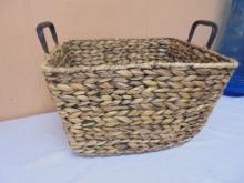Like New Woven Hyacinth Storage Basket w/ 2 Metal Handles