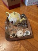 Glass tea pot, little pitcher and salt and pepper shaker