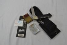 Blackjack 3" Knife #BJO40 in Cloth Sheath with 2 Zippo Lighters and a NIB Zippo Replacement Burner