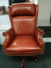 Leather Office Chair W/ Wood 5 Star Base & Tufted Push Button Pins in Leather