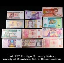 Lot of 25 Foreign Currency Notes - Variety of Countries, Years, Denominations!