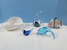 Lot Studio Art Glass 6 1/2" Tropical Angel Fish Cobalt/Green Blue Leaping Dolphin 3 1/2" x 5",