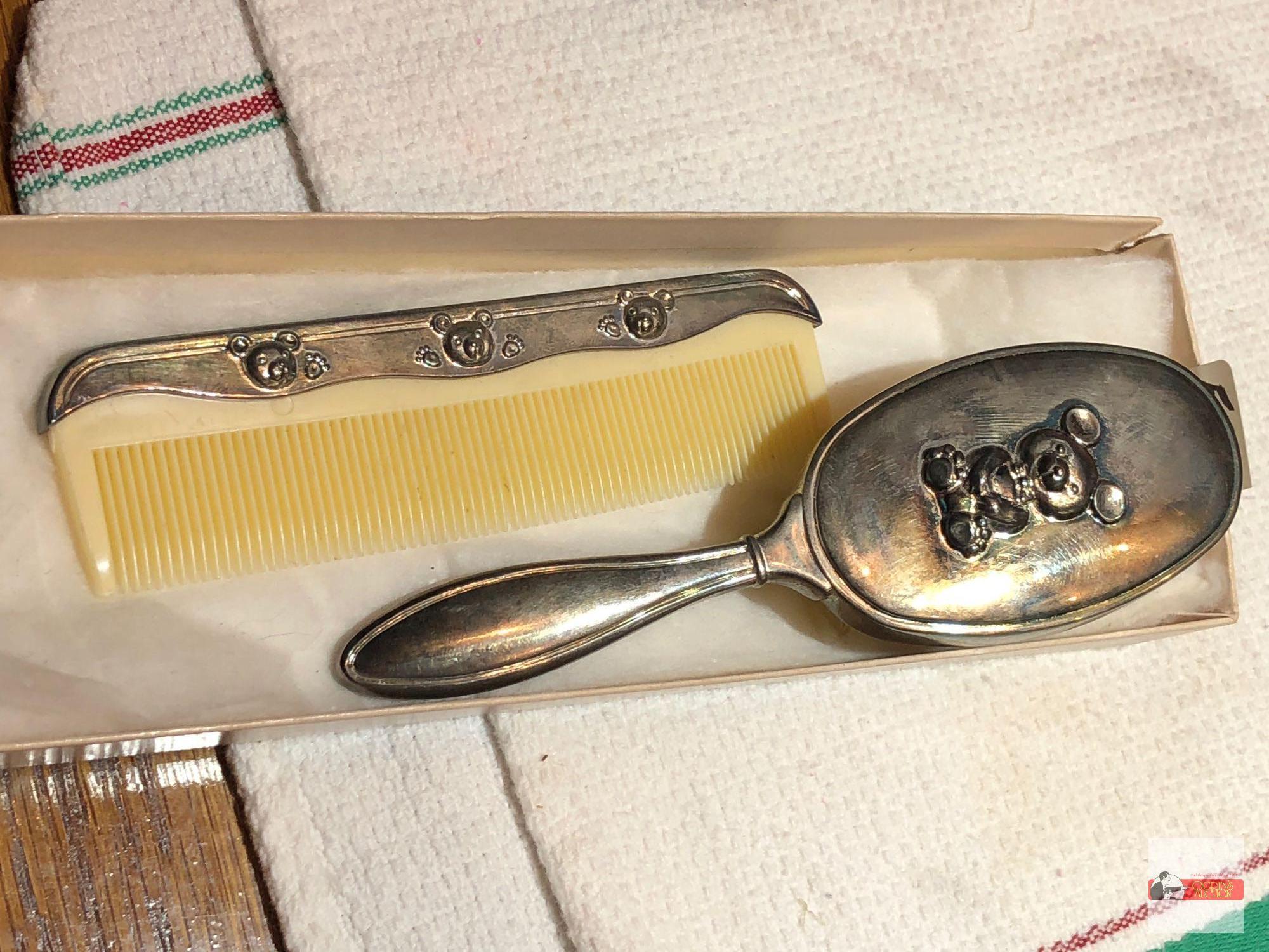 Baby items - silver plated brush & matching comb, bears motif