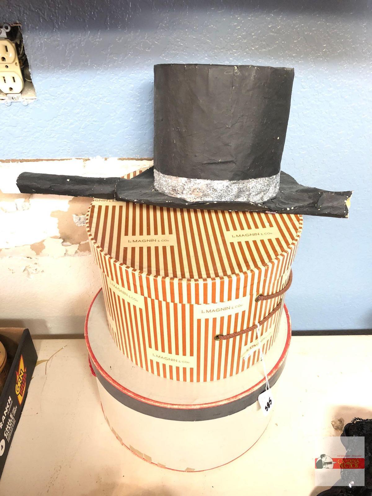 2 hat boxes, 1 Brandeis, 1 I.Magnin and homemade top hat prop
