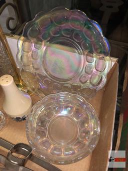 Glassware - Iridescent plate and bowl, cruet, salt/pepper shakers, 2 salt dip bowls, corn cob cutter