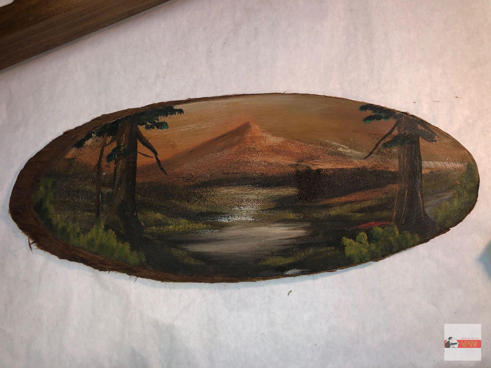 3 wooden items - oval artwork hand painted 16"wx6.5"h, Wooden shelf rack 12.5"wx4.75"h & wooden wall