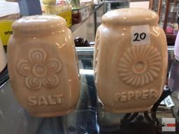 Pottery ceramic ware - pr. 5"h salt/pepper shakers, embossed yellow