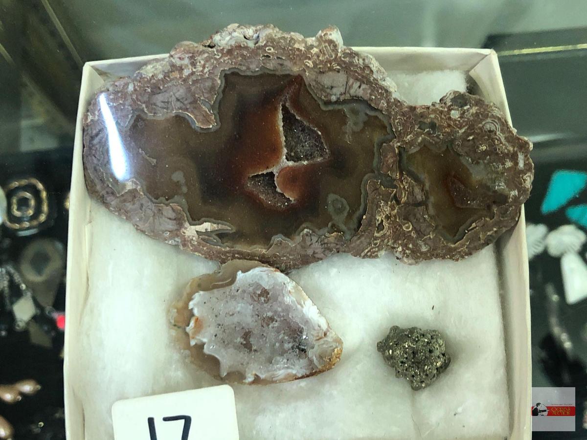 Rocks - 3 - sliced polished geode 3.75"wx2.25"w, Sliced rose quartz geode 1.5"x1" & sm. Pyrite .5"