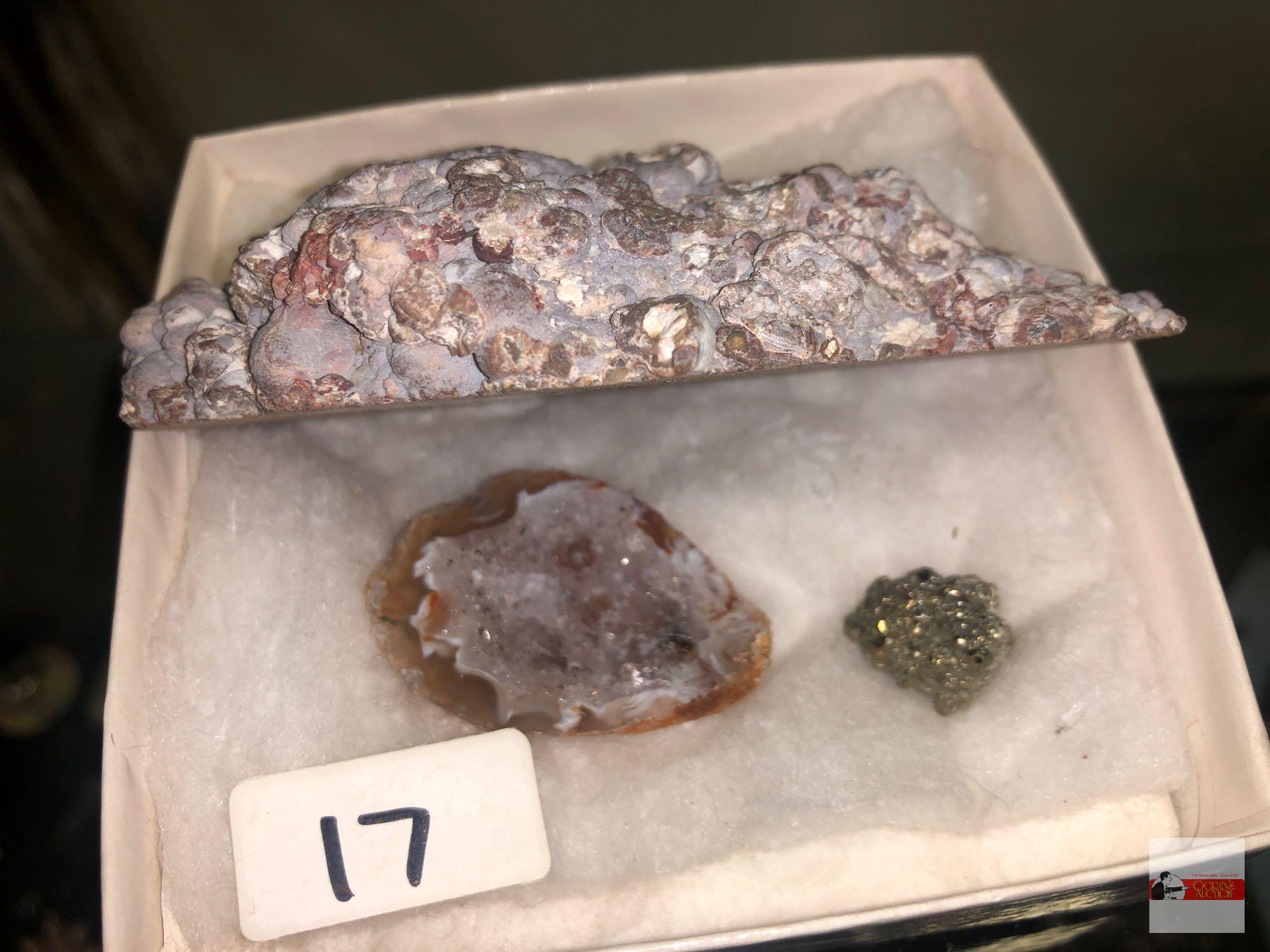 Rocks - 3 - sliced polished geode 3.75"wx2.25"w, Sliced rose quartz geode 1.5"x1" & sm. Pyrite .5"