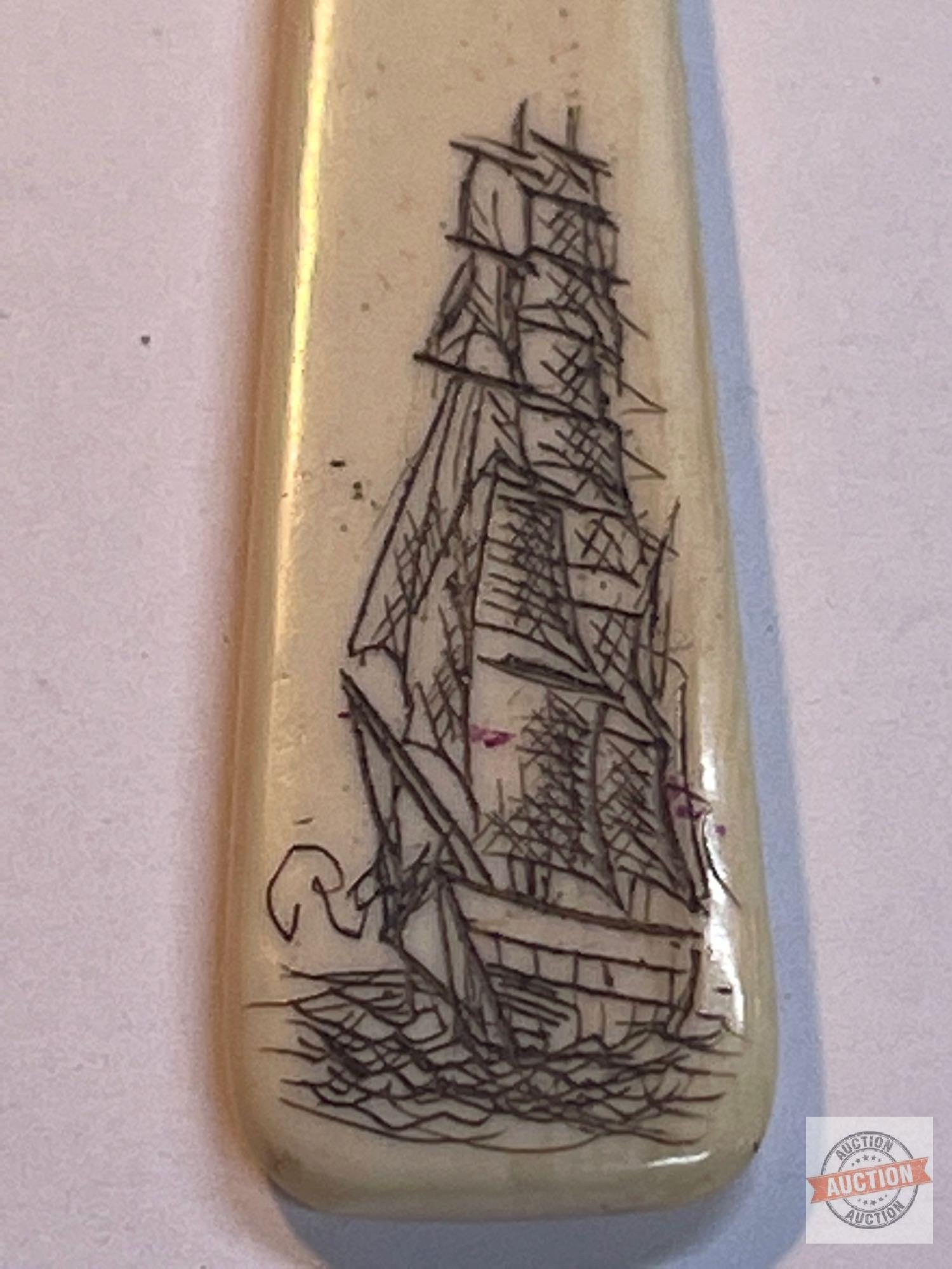 Scrimshaw - 2 - Resin oval pendant "Peterbuilt" by Barlow w/ fly fishing scene 1.75" and bone carv