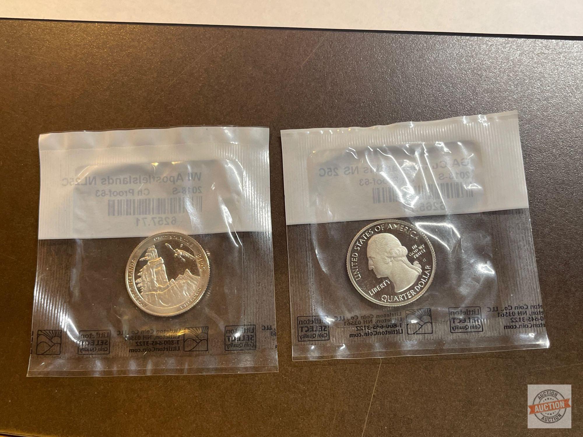 Coins - 2 silver proof state quarters in pkgs., 2018-S Apostle Islands WI NL 25C & Cumberland Island