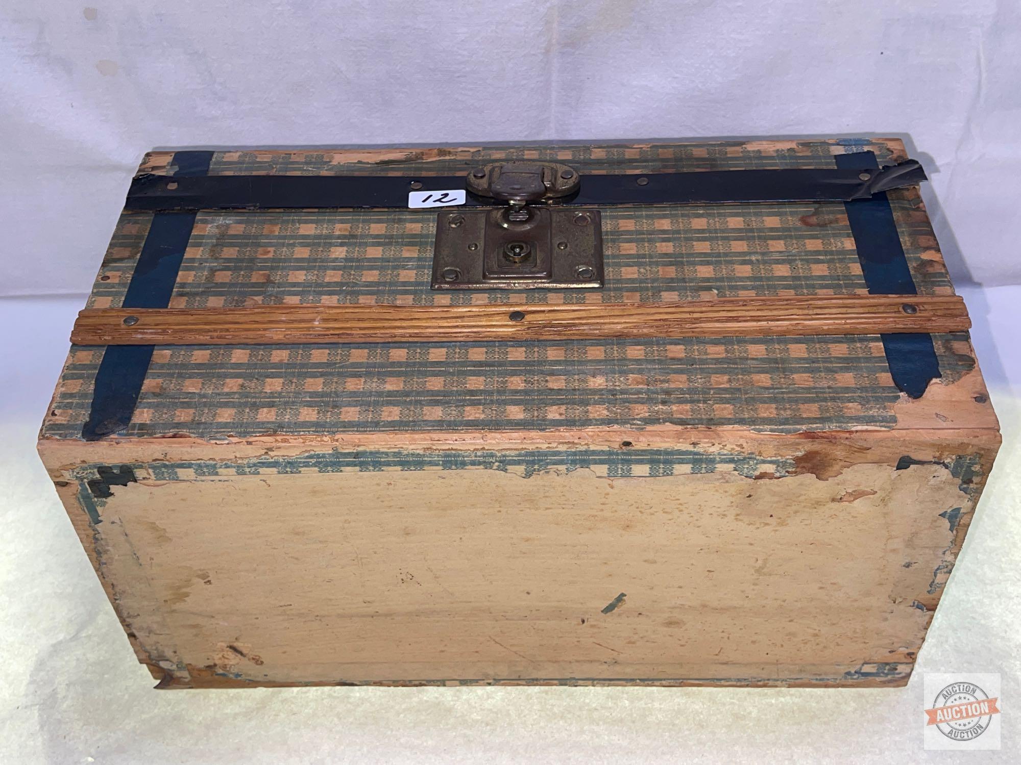 Vintage Doll trunk w/tray USA Excelsior, Stamford, Conn. no key & vintage cloth doll, 14"wx7"dx7.5"h