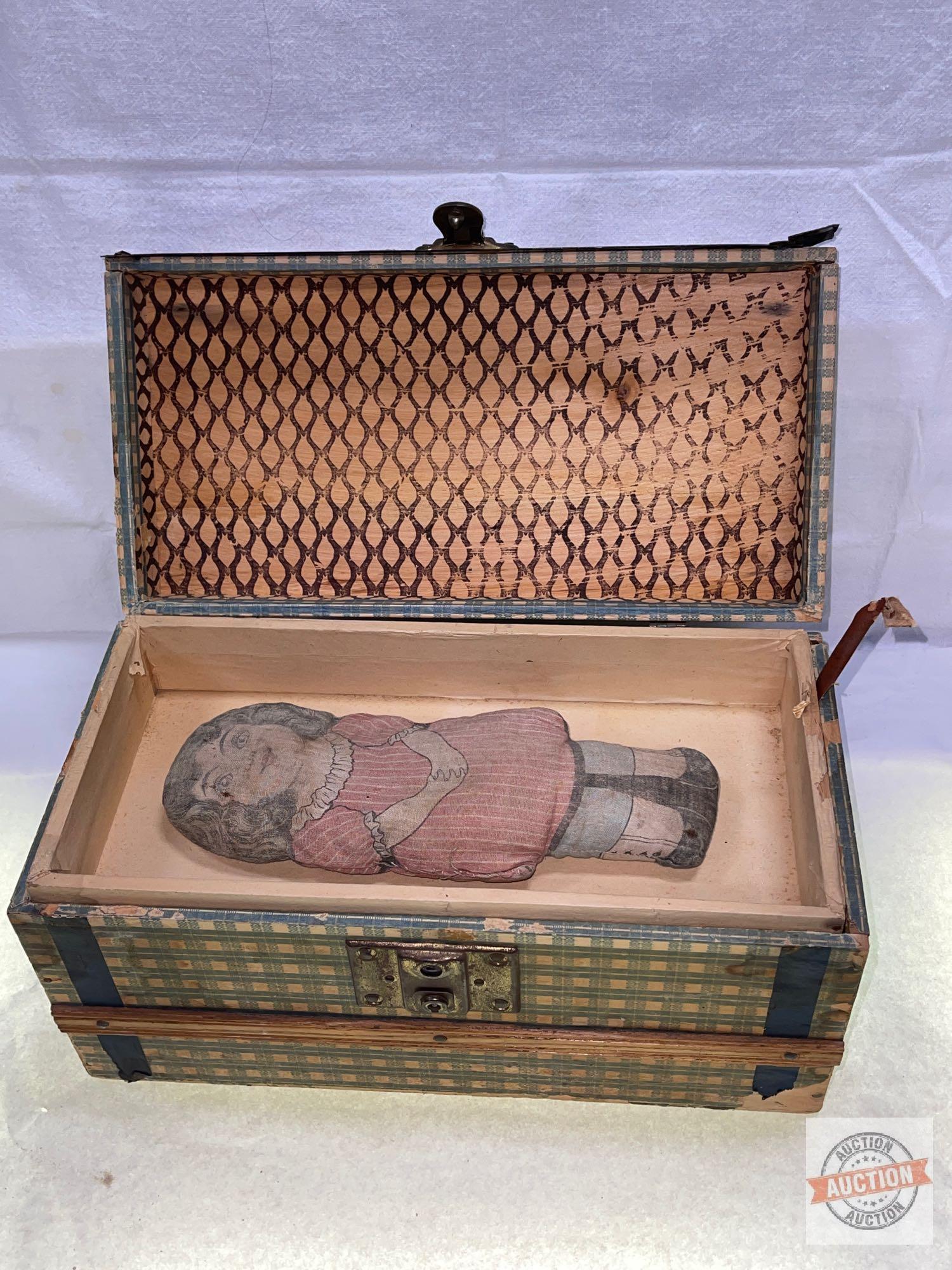 Vintage Doll trunk w/tray USA Excelsior, Stamford, Conn. no key & vintage cloth doll, 14"wx7"dx7.5"h