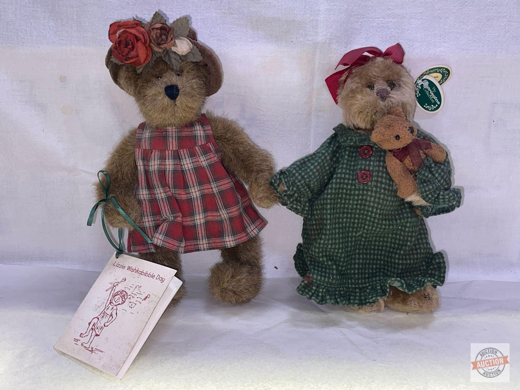 Bears - 2 stuffed bears in basket, glass eyes, Boyds Bears "Lizzie Wishkabibble" w/storybook 10"h &