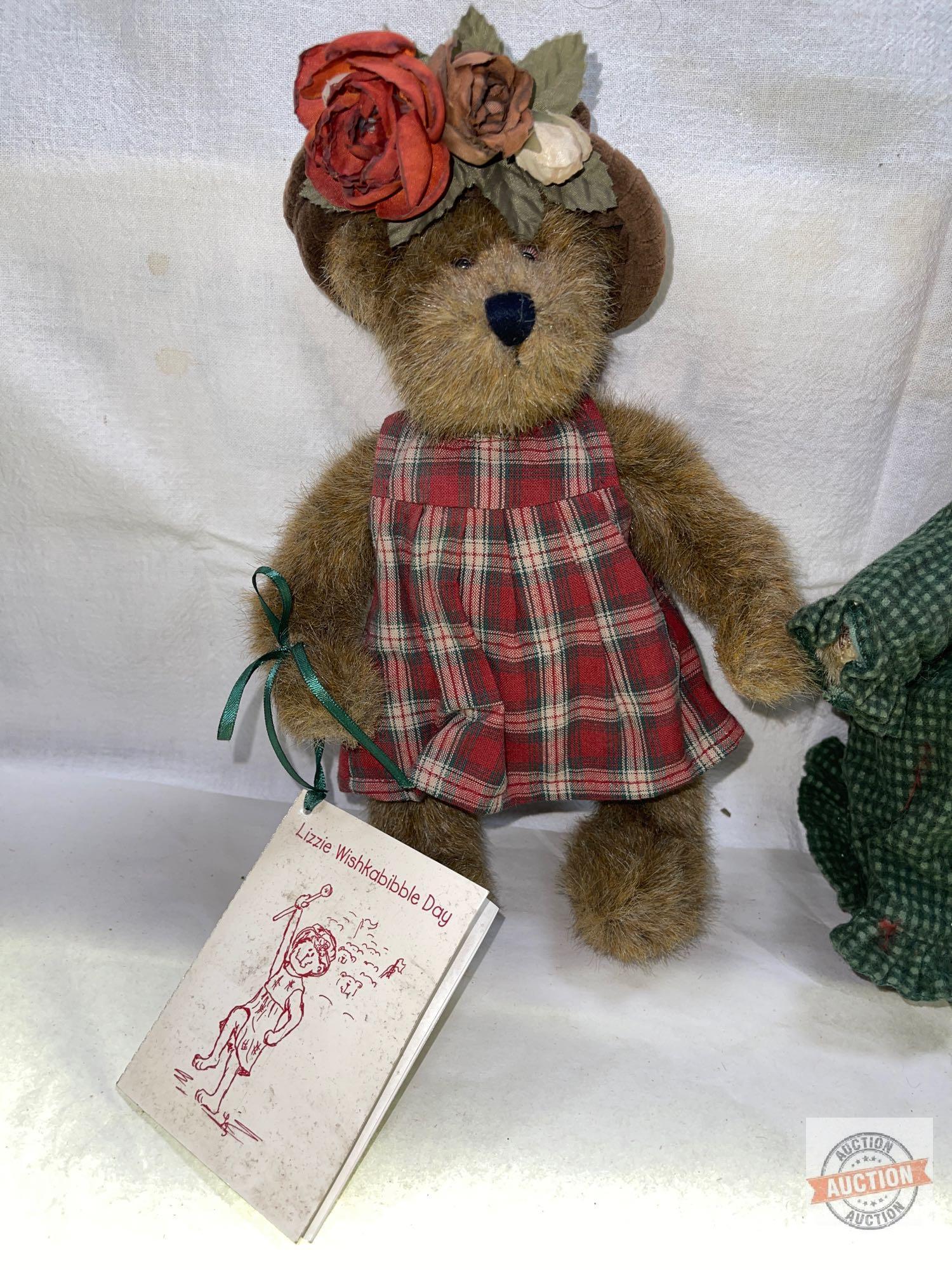 Bears - 2 stuffed bears in basket, glass eyes, Boyds Bears "Lizzie Wishkabibble" w/storybook 10"h &