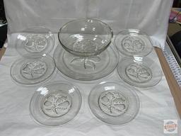 Glassware Dishes - 8pc. Platter 12.75"w & Salad set, fruit motif, Bowl 10.25"w & 6-8"w salad plates