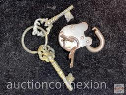 Vintage iron padlock with 2 keys and 2 large vintage skeleton keys