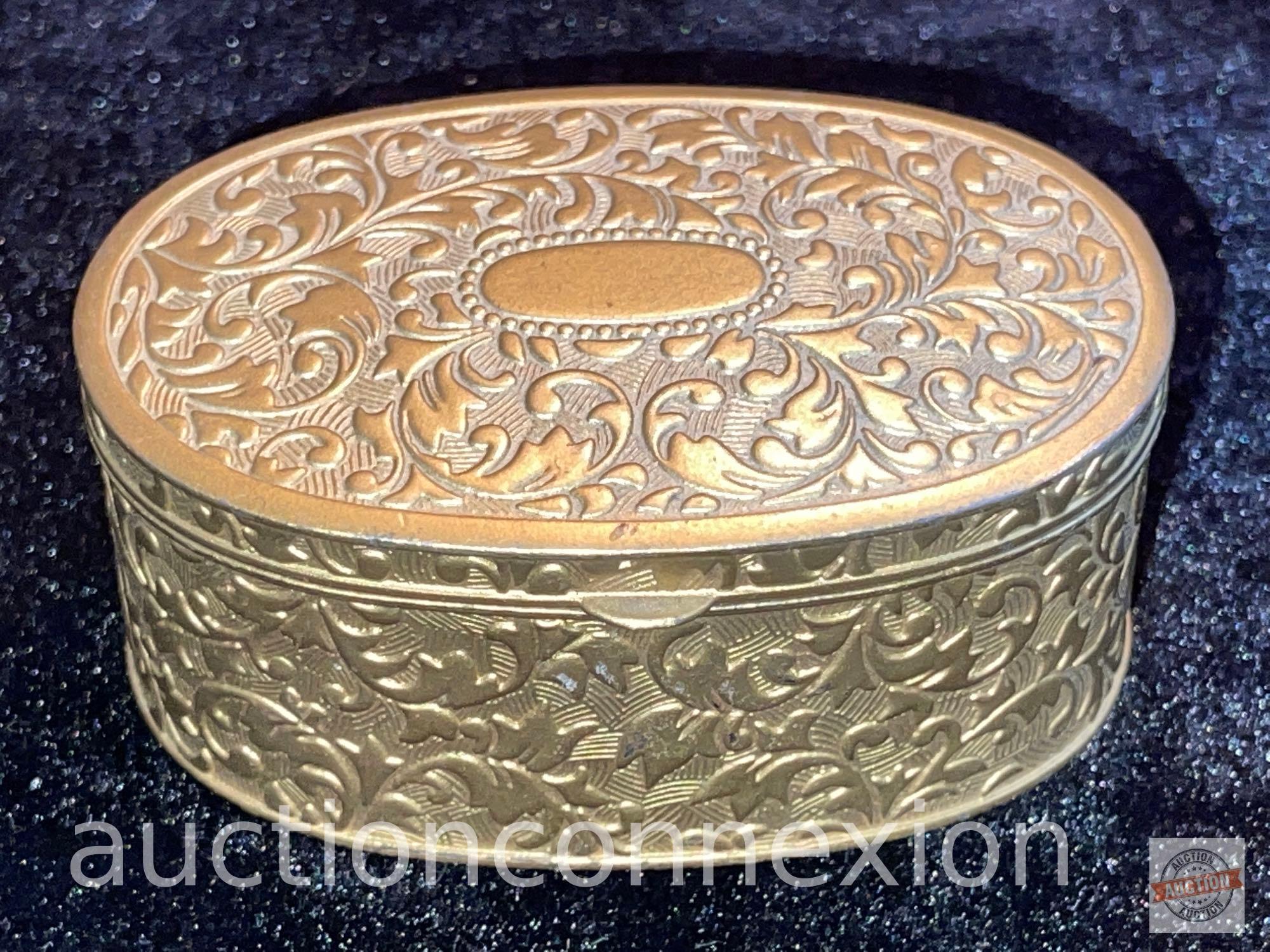 Ornate vintage oval lined trinket box, 1.5"hx3.5"wx2.5"d