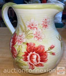 Large Rose Bouquet floral motif pitcher, 9.75"hx8"w