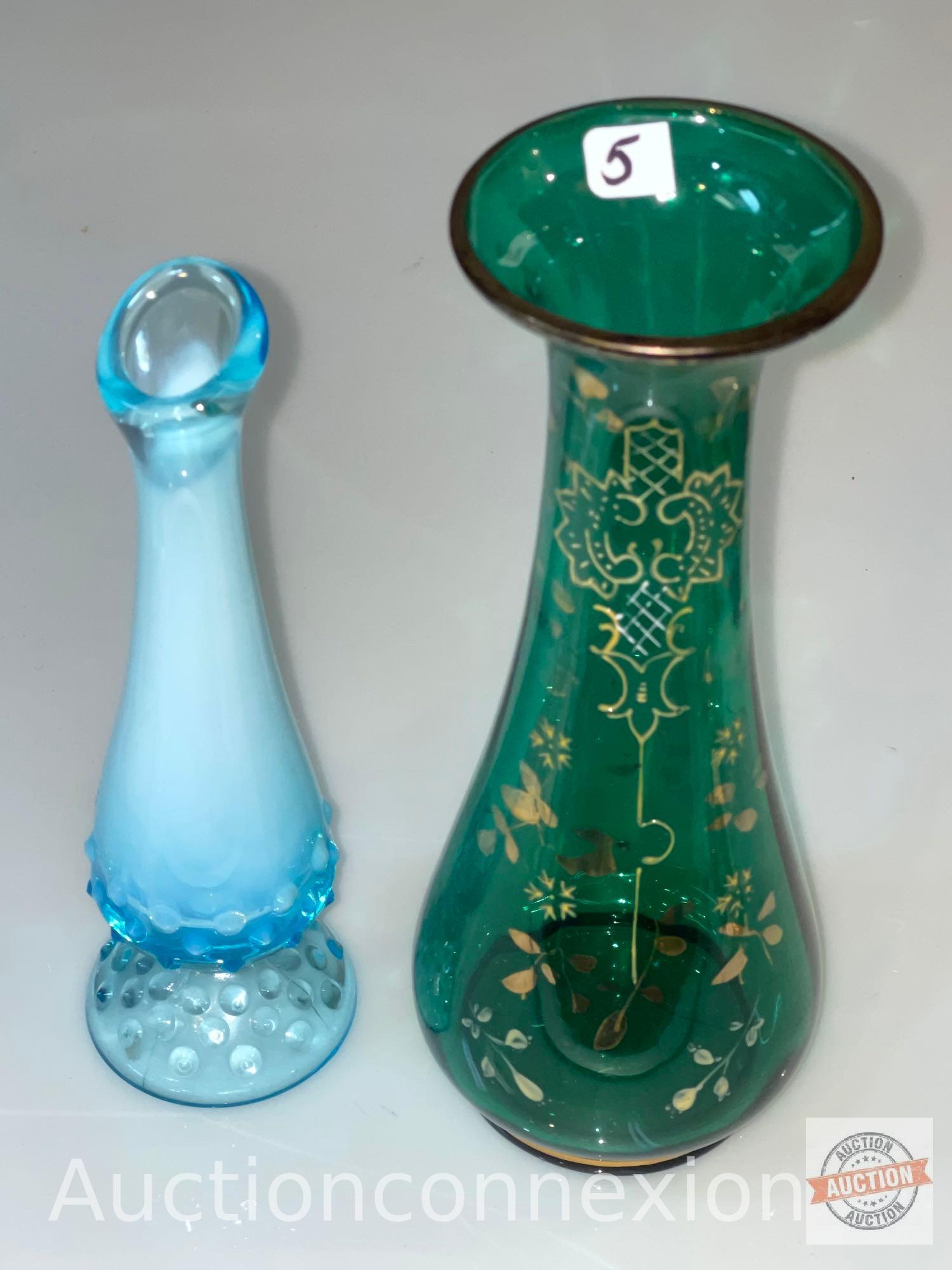 2 Vases - 9" green enamel motif vase and 8" Blue hobnail vase
