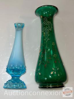 2 Vases - 9" green enamel motif vase and 8" Blue hobnail vase