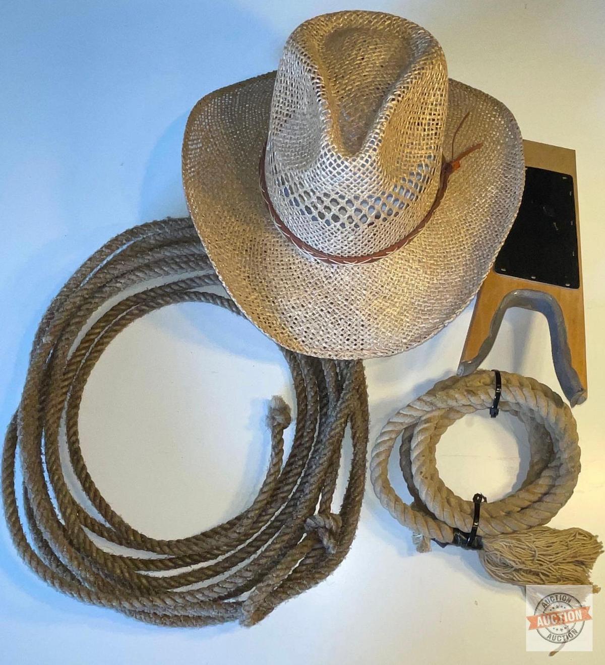 Western straw hat, rope, boot jack and lasso