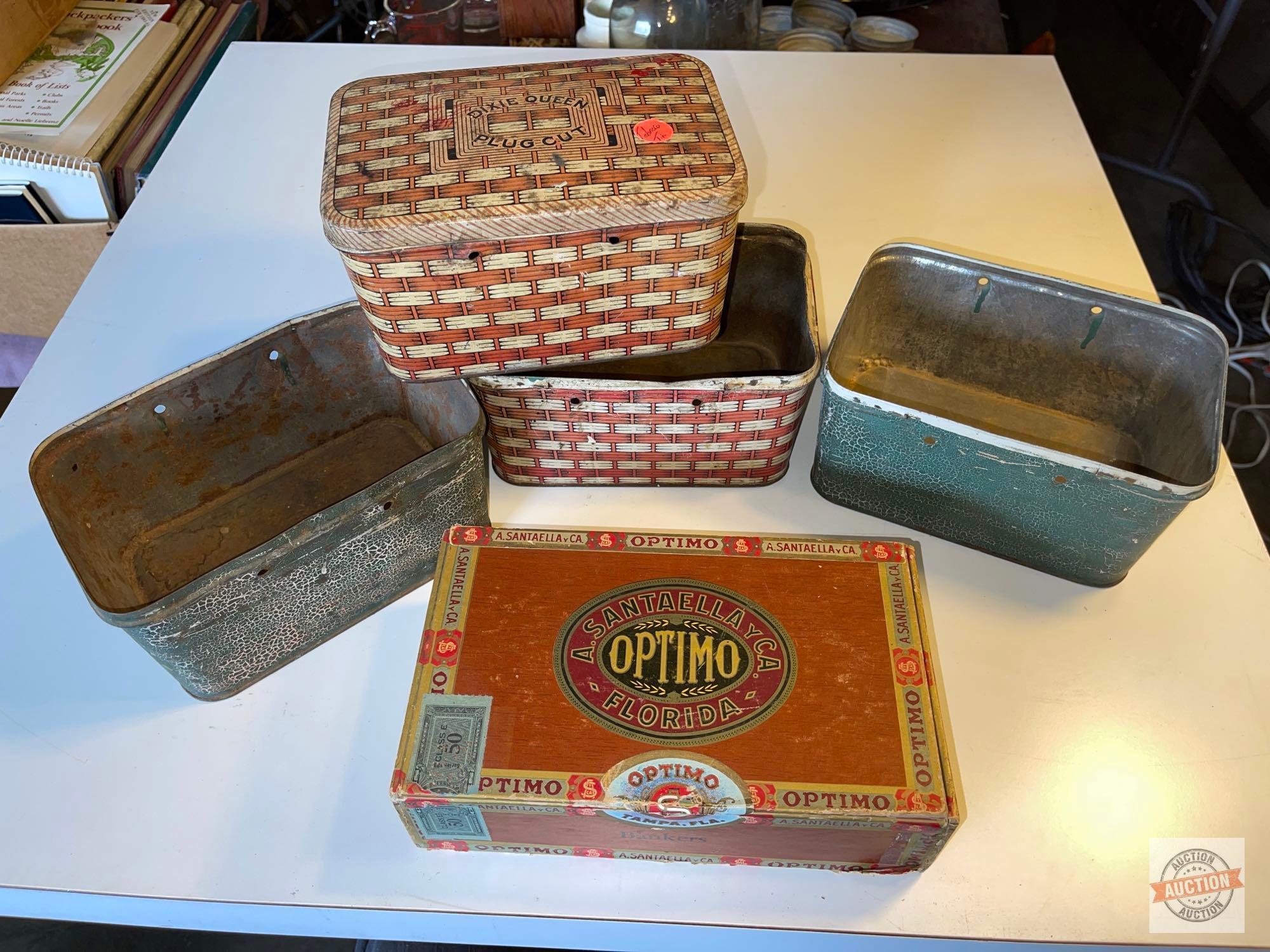 Vintage Tobacco tins 4 (2 Dixie Queen Plugcut, 3 no lids) Optimo Cigar Box