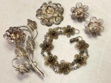 Sterling Silver Earrings, Bracelet and 2 Brooch Set
