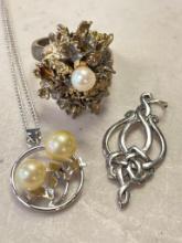Sterling Silver Pearl Ring and Pearl Pendant Necklace