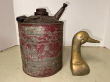 Vintage Oil Can and Brass Duck Bookend