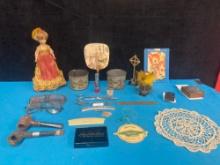 Vintage miscellaneous, including pipes, glasses, San Francisco, metal cups, doll, troll doll and