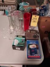 Glassware Assortment, Blue Glass Jars, Vintage Matchbooks, & Small Electronics