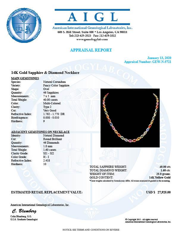 14k Gold 40ct Sapphire 1.6ct Diamond Necklace