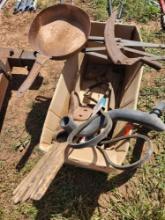 antique metal seat, belts, antique metal pan, and fire log picker uppers