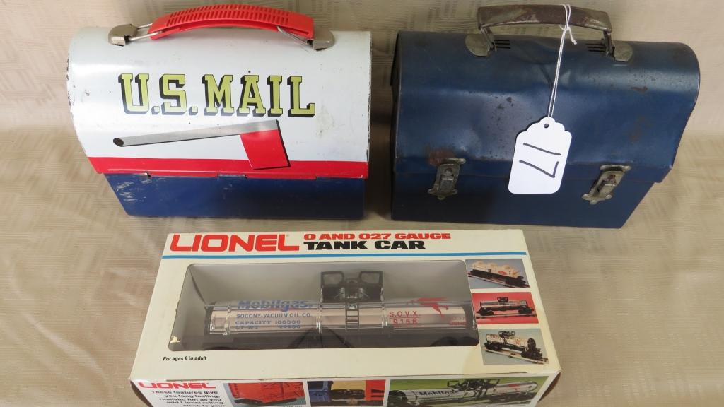 FLAT WITH LUNCH PAILS AND LIONEL TANK CAR