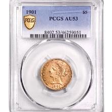 1901 $5 Gold Half Eagle PCGS AU53