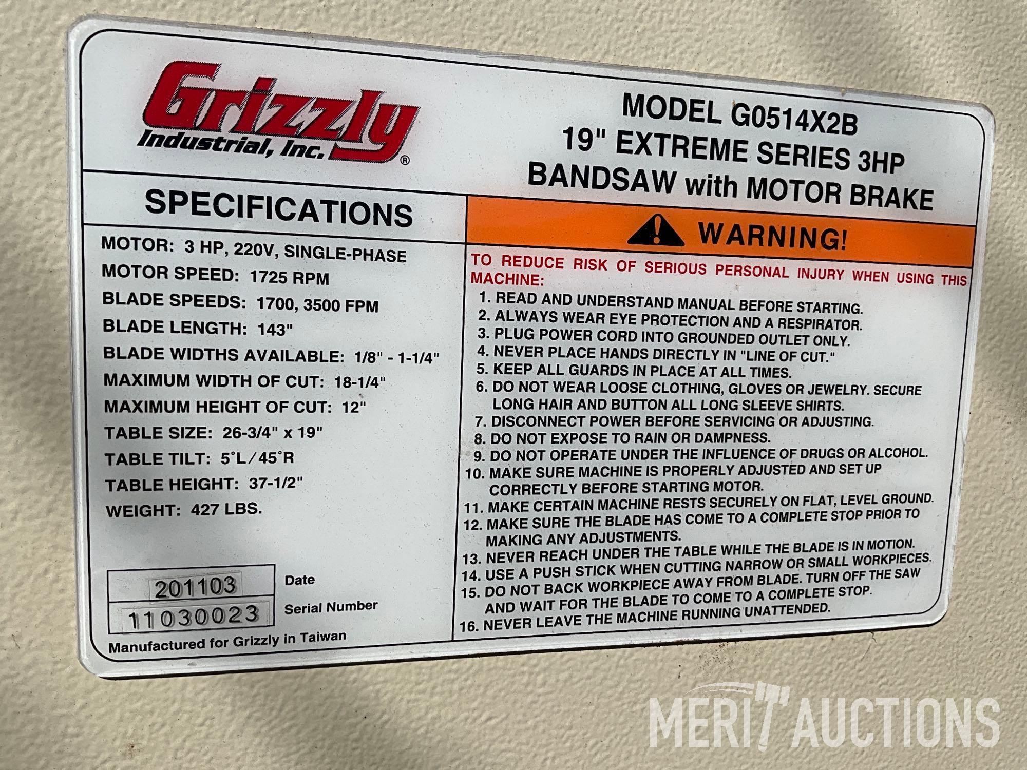 Grizzley G0514X2B 19in. Extreme Series bandsaw