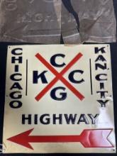 Chicago Kansas City Highway Embossed New Old Stock Tin Metal Advertising Sign