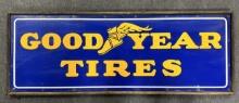 Goodyear Tires Single Sided Porcelain Advertising Sign w/ Original Wood Frame