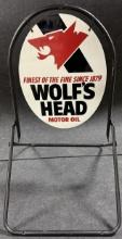 Wolf's Head New Old Stock Curbside Advertising Double Sided Painted Metal Sign w/ Stand & Box