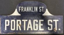 Franklin & Portage Street Early 1900s Cobalt Blue & White Double Sided Porcelain Street Sign