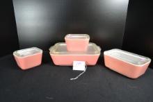 Pyrex Pink Refrigerator Set including No. 501 (x2), No. 502, and No. 503 w/Lids; Mfg. 1956-1958