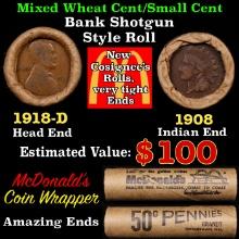 Small Cent Mixed Roll Orig Brandt McDonalds Wrapper, 1918-d Lincoln Wheat end, 1908 Indian other end
