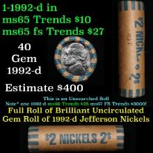 BU Shotgun Jefferson 5c roll, 1992-p 40 pcs Bank $2 Nickel Wrapper