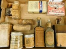 Box Lot with 7 Vintage Bottles - Paper Labels - 2 Tins - 2 Wood Containers