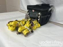 Unused 1 1/2" X 15' Tuff Tow Ratchet Straps c/w 12" Professional Tool Bag (8 pieces)